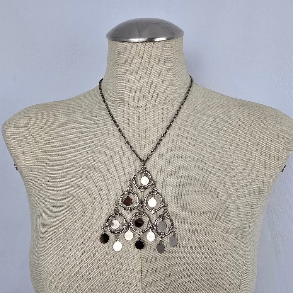 Silver Tone Coin Fringe Necklace Boho Tribal Statement Bib Vintage Style